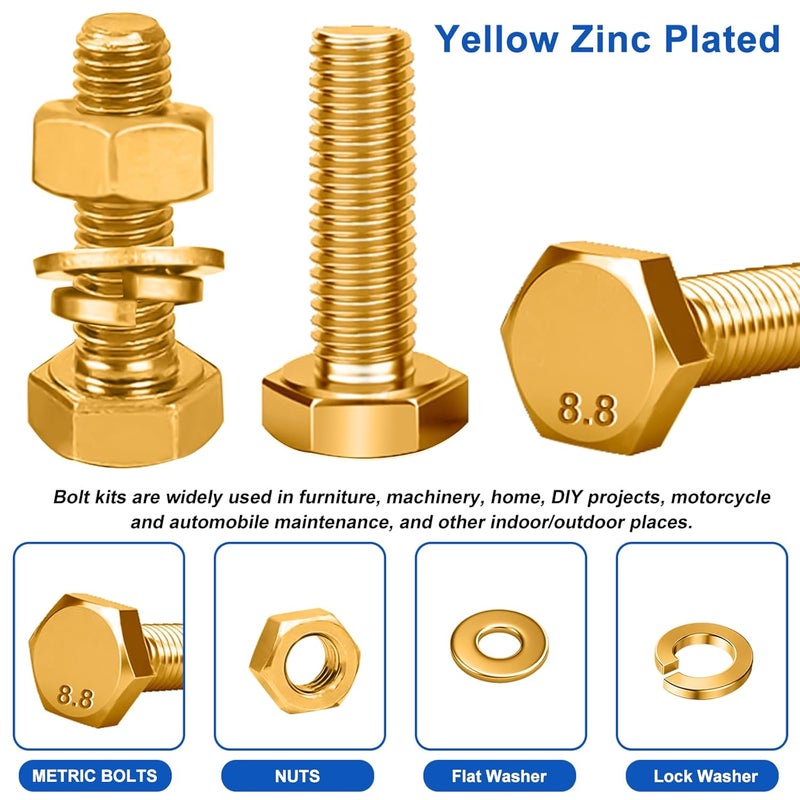 Taiss 966pcs Grade 8.8 Metric Bolt Assortment,Metric Bolts and Nuts Assortment,Bolt Kit M4 M5 M6 M8(12-30mm) Heavy Duty Hex Bolts and Nuts Kit Flat/Lock Washer Yellow Zinc Plated,with Handheld Box - Image 5
